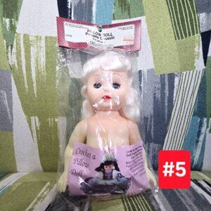 Vtg Fibre Craft Doll Pillow Doll 8" Tall Poupee Coussin Brown Hair Blue Eyes